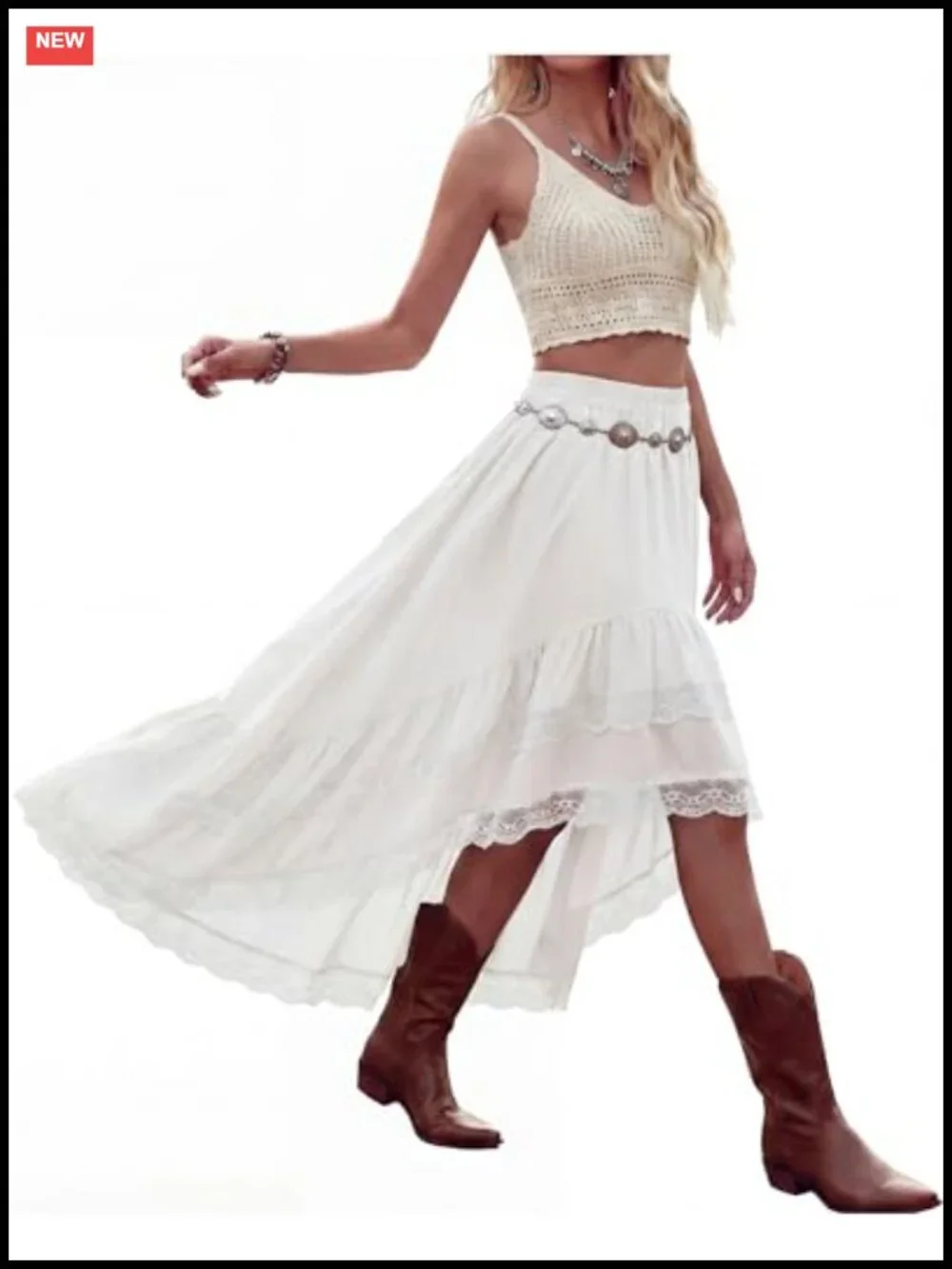 Women Boho High Low Lace Ruffle Skirt Asymmetrical Tiered Maxi Elastic Waist